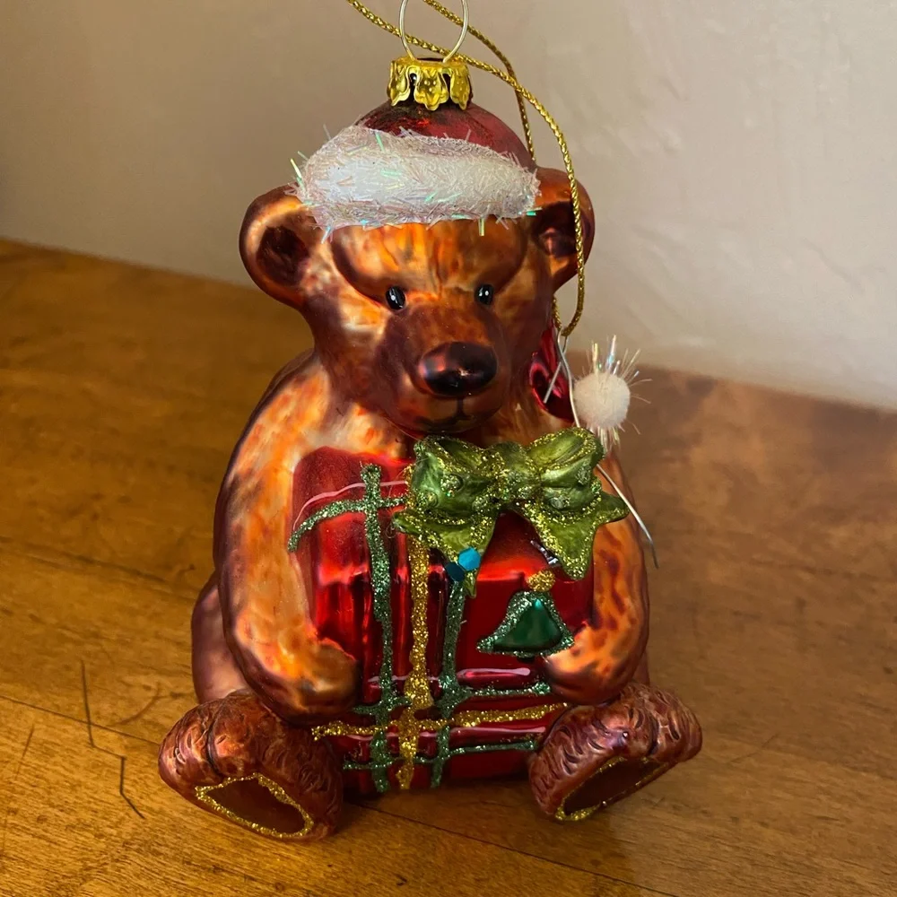 Festive Christmas Bear Holding Present Glass Ornament